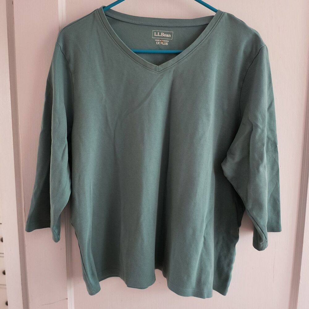 L.L. Bean Womens Tee Top 1X Green Cotton Base Layer Minimal Neutral Ski Hike